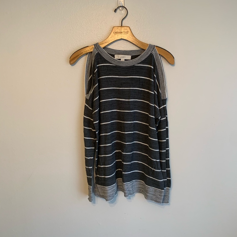 Loft Women’s Gray Striped Open Shoulder Sweater
